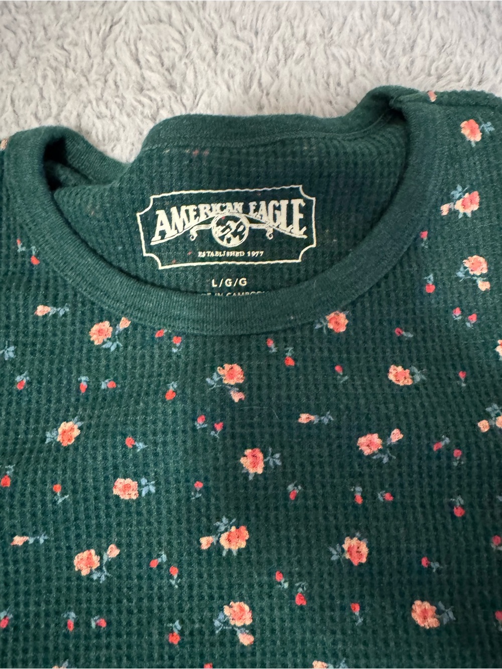 American Eagle Outfitters Green Floral Waffle Long Sleeve Tee